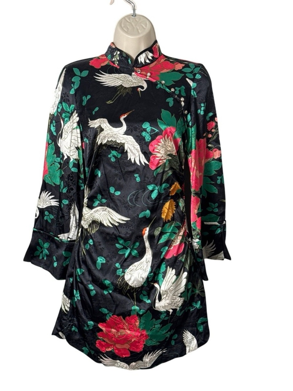 Floral Satin Mini Dress Qi Pao style - Black & Green - Picture 2 of 3